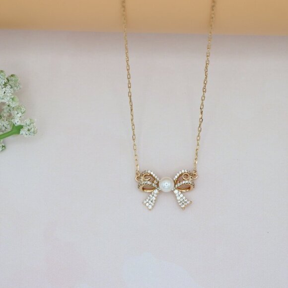 Rose Gold Bow Pendant Necklace with Pearl and Crystals , XPNL0171 - Picture 10 of 13